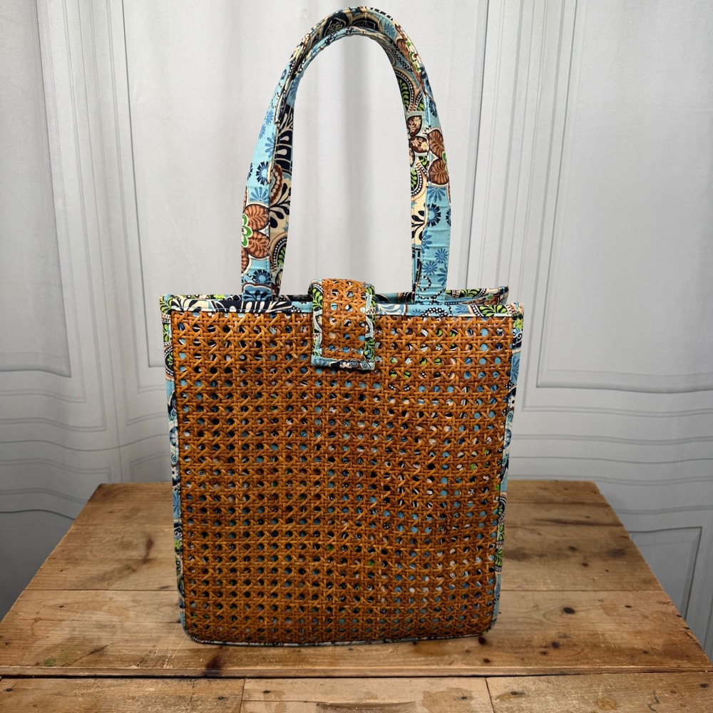 Vera Bradley Bali Blue Tiki Tote Rattan Straw Beach Bag Retired 2009 - Picture 4 of 16